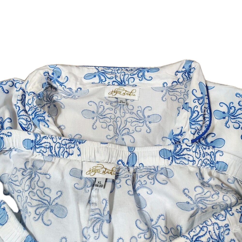 Womens Octopus Pajama Set Size XL Blue White Coastal Nautical Cotton - Picture 8 of 12
